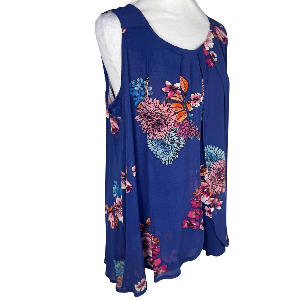 C est 1946 MEDIUM blue pink floral sleeveless tank blouse sheer overlay